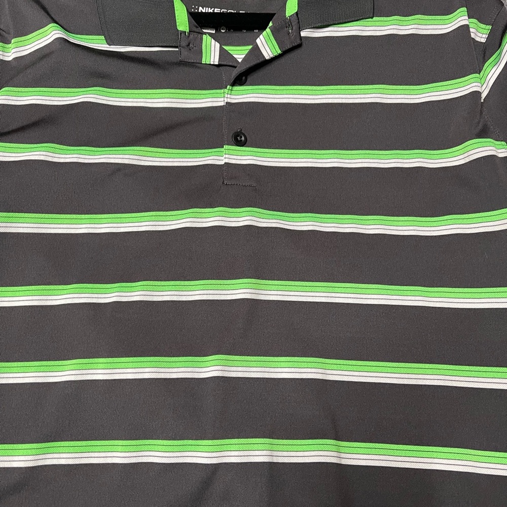 Nike Men's Polo Shirt - Charcoal with Lime and White Stripes
